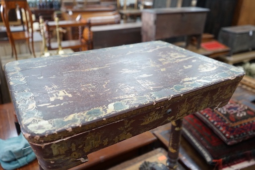 A 19th century Chinese export scarlet lacquer work table, width 62cm, depth 42cm, height 74cm